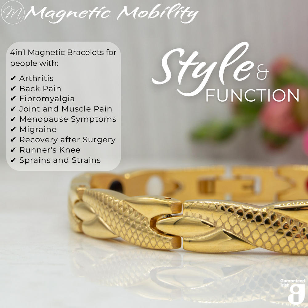 Close up view of the Snapdragon Sun 4in1 magnetic bracelet by Magnetic Mobility. Shown on a reflective surface with pink flowers in the background. The text says "Style and Function"