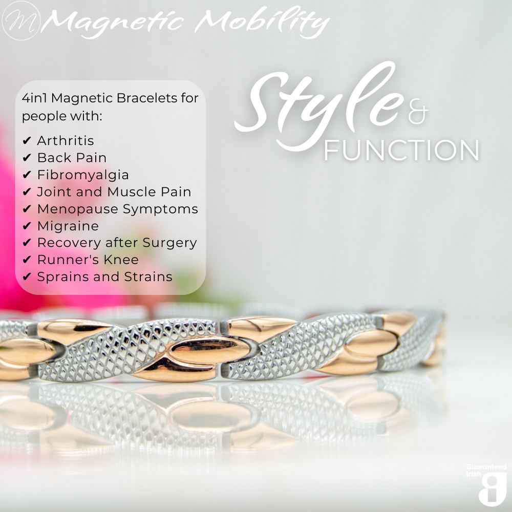 Snapdragon Dusk 4in1 Magnetic Bracelet from Magnetic Mobility in a rose gold and silver finish. Features an elegant, textured design and includes Neodymium Magnets, FIR elements, Germanium, and Negative Ions for therapeutic benefits. Suitable for relieving arthritis, back pain, fibromyalgia, joint and muscle pain, menopause symptoms, migraines, post-surgery recovery, runner's knee, sprains, and strains.