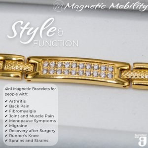 
                  
                    Load image into Gallery viewer, Top view of the Honesty Sun 4in1 magnetic bracelet by Magnetic Mobility, promoting arthritis, back pain, fibromyalgia relief with a stylish  gold design featuring a central panel with sparkling crystals. The bracelet is shown on top of a luxury white gift box.
                  
                