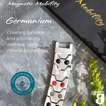 Aster Moon Double strength 4in1 magnetic bracelet by Magnetic Mobility, featuring germanium elements that promote balance and wellness using natural gemstones. Ideal for enhancing health and relieving various ailments.