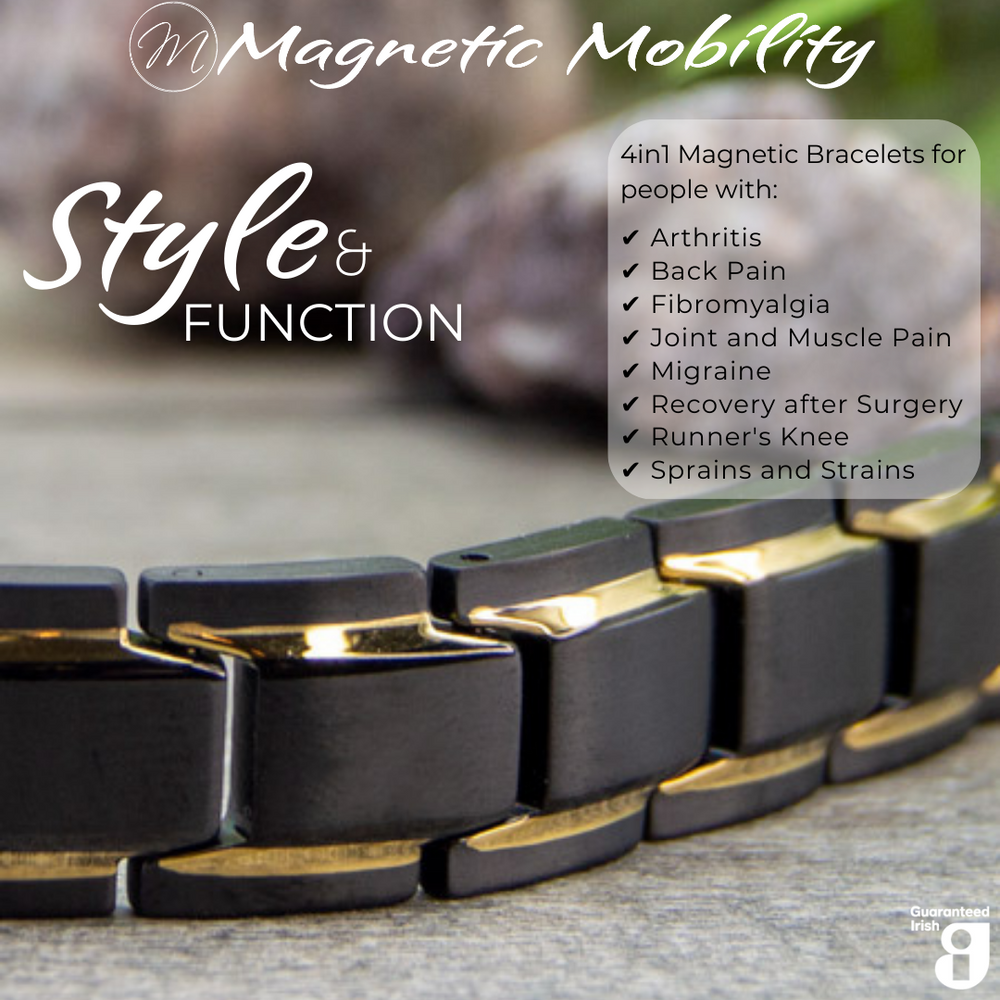 Stylish Alexanders Twilight 4in1 magnetic bracelet from Magnetic Mobility, featuring black and gold links, designed for arthritis and joint pain relief