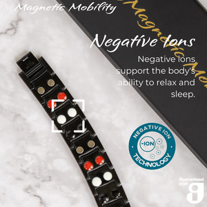 
                  
                    Load image into Gallery viewer, Ashe Night Double strength 4in1 magnetic bracelet by Magnetic Mobility, highlighting the negative ions feature which supports the body&amp;#39;s ability to relax and sleep. Ideal for reducing stress and promoting better health.
                  
                