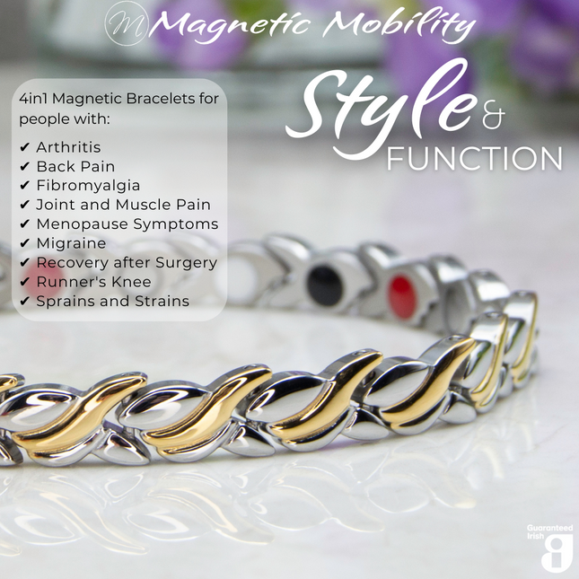 Close up view of the Virginia moon 4in1 Magnetic Bracelet from Magnetic Mobility. Features and intricate Silver and Gold twist with the 4in1 elements hidden in the back. Perfect for people with arthritis, back pain, fibromyalgia, joint and muscle pain, menopause symptoms, migraine and more. The bracelet is shown on a reflective surface with purple flowers behind it.