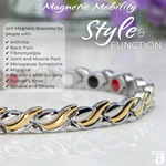 Close up view of the Virginia moon 4in1 Magnetic Bracelet from Magnetic Mobility. Features and intricate Silver and Gold twist with the 4in1 elements hidden in the back. Perfect for people with arthritis, back pain, fibromyalgia, joint and muscle pain, menopause symptoms, migraine and more. The bracelet is shown on a reflective surface with purple flowers behind it. 