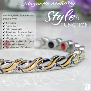 
                  
                    Load image into Gallery viewer, Close up view of the Virginia moon 4in1 Magnetic Bracelet from Magnetic Mobility. Features and intricate Silver and Gold twist with the 4in1 elements hidden in the back. Perfect for people with arthritis, back pain, fibromyalgia, joint and muscle pain, menopause symptoms, migraine and more. The bracelet is shown on a reflective surface with purple flowers behind it. 
                  
                