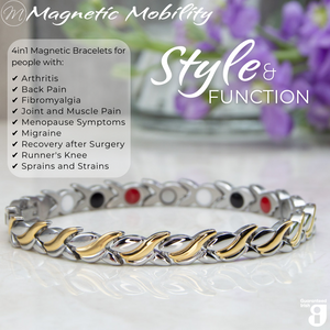 
                  
                    Load image into Gallery viewer, 45 degree view of the Virginia moon 4in1 Magnetic Bracelet from Magnetic Mobility. Features and intricate Silver and Gold twist with the 4in1 elements hidden in the back. Perfect for people with arthritis, back pain, fibromyalgia, joint and muscle pain, menopause symptoms, migraine and more. The bracelet is shown on a reflective surface with purple flowers behind it and a white gift box. Features the Guaranteed Irish logo. 
                  
                