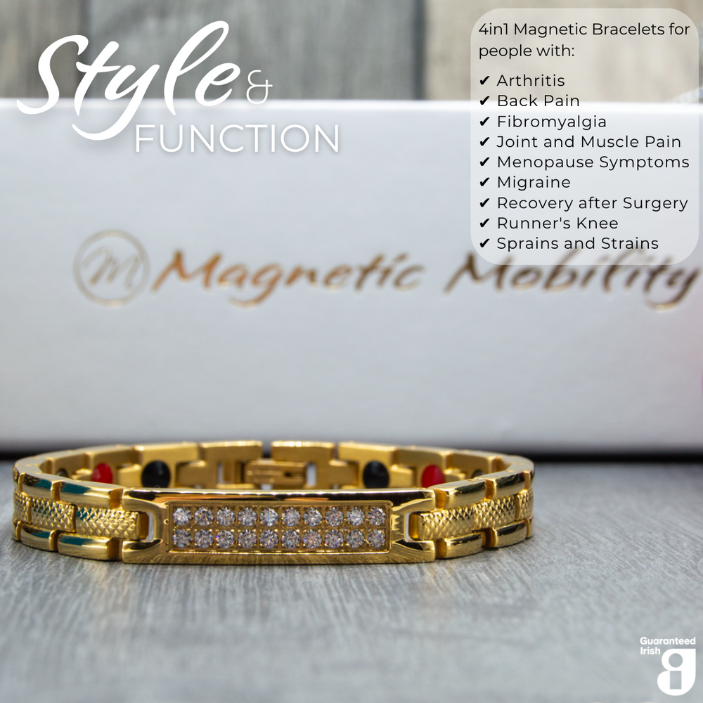 
                  
                    Load image into Gallery viewer, Front view of the central panel with sparkling crystals of the Honesty  Sun 4in1 Magnetic Bracelet from Magnetic Mobility in gold finish. Written on the image is &amp;quot;4in1 Magnetic Bracelets for people with : Arthritis, Back pain, Fibromyalgia, Joint and Muscle pain, Menopause symptoms, Migraine, Recovery after surgery, runners knee, sprains and strains&amp;quot;.
                  
                