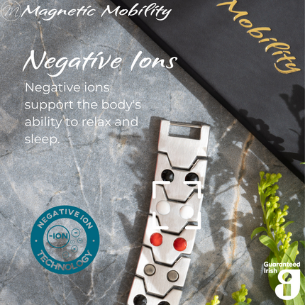 Aster Moon Double strength 4in1 magnetic bracelet by Magnetic Mobility, highlighting the negative ions feature which supports the body's ability to relax and sleep. Ideal for reducing stress and promoting better health.