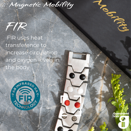 Aster Moon Double strength 4in1 magnetic bracelet from Magnetic Mobility, showcasing FIR technology which uses heat transference to increase circulation and oxygen levels in the body. Enhances overall wellness and pain relief.