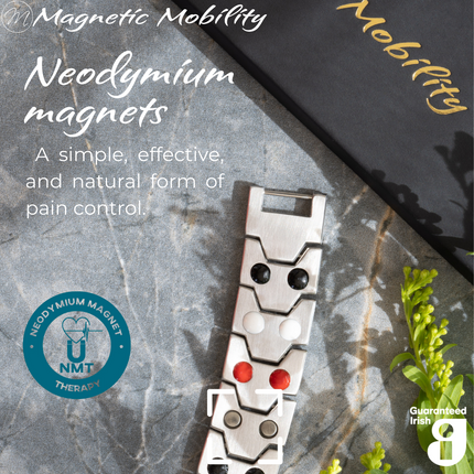 Aster Moon Double strength 4in1 magnetic bracelet from Magnetic Mobility, highlighting neodymium magnets which offer a simple, effective, and natural form of pain control. Perfect for alleviating arthritis, back pain, fibromyalgia, and more.