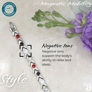 
                  
                    Load image into Gallery viewer, Virginia moon 4in1 magnetic bracelet by Magnetic Mobility, highlighting the negative ions feature which supports the body&amp;#39;s ability to relax and sleep. Ideal for reducing stress and promoting better health.
                  
                