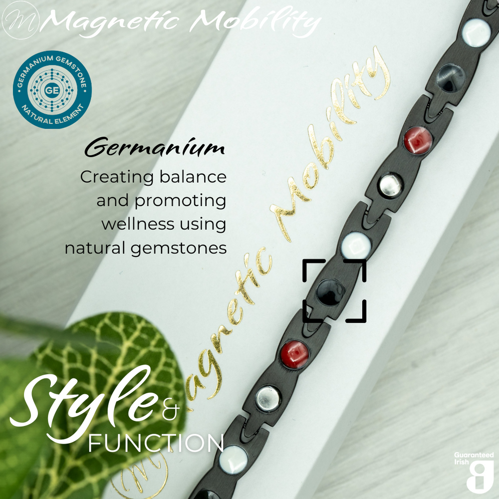 
                  
                    Load image into Gallery viewer, Snapdragon Night 4in1 magnetic bracelet by Magnetic Mobility, featuring germanium elements that promote balance and wellness using natural gemstones. Ideal for enhancing health and relieving various ailments.
                  
                