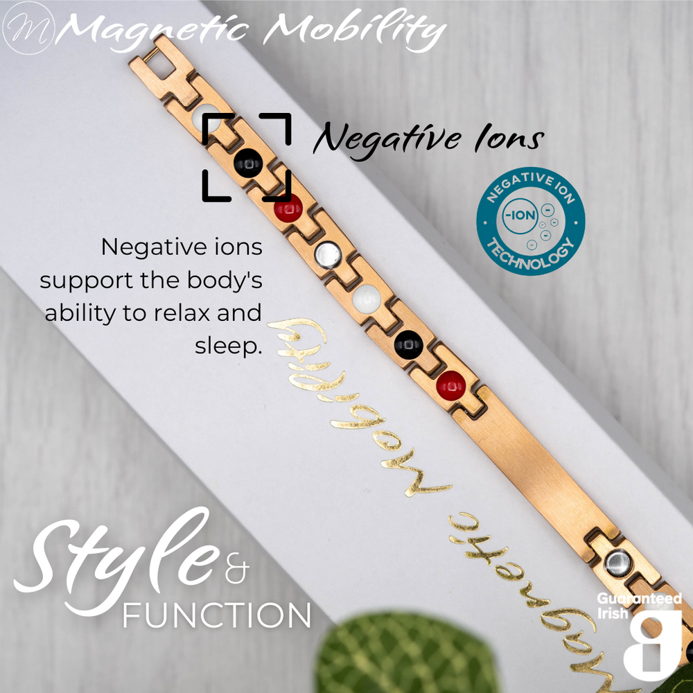 
                  
                    Load image into Gallery viewer, Honesty Dawn 4in1 magnetic bracelet by Magnetic Mobility, highlighting the negative ions feature which supports the body&amp;#39;s ability to relax and sleep. Ideal for reducing stress and promoting better health.
                  
                