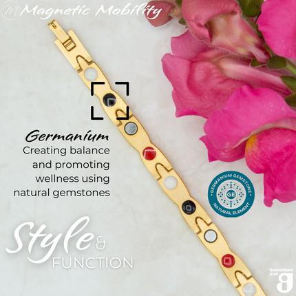 Snapdragon Sun 4in1 magnetic bracelet by Magnetic Mobility, featuring germanium elements that promote balance and wellness using natural gemstones. Ideal for enhancing health and relieving various ailments.