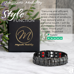 
                  
                    Load image into Gallery viewer, Front view of the Ashe Night Double Strength 4in1 Magnetic Bracelet from Magnetic Mobility with a 5 star Customer review from Trustpilot stating &amp;quot;Genuine and efficient with a personal touch&amp;quot;  
                  
                