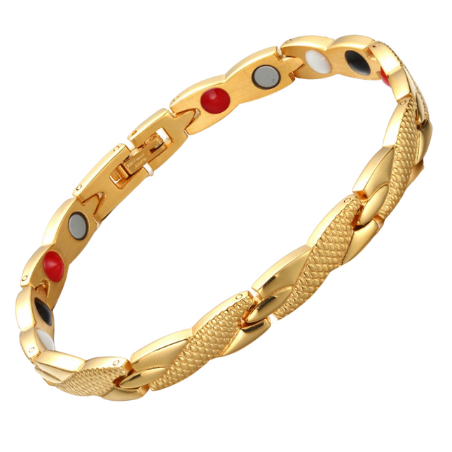 Snapdragon Sun 4in1 magnetic bracelet by Magnetic Mobility, promoting arthritis, back pain, fibromyalgia relief with a gold snakeskin type design. The bracelet features 4in1 health elements.