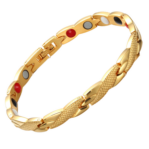 
                  
                    Load image into Gallery viewer, Snapdragon Sun 4in1 magnetic bracelet by Magnetic Mobility, promoting arthritis, back pain, fibromyalgia relief with a gold snakeskin type design. The bracelet features 4in1 health elements.  
                  
                