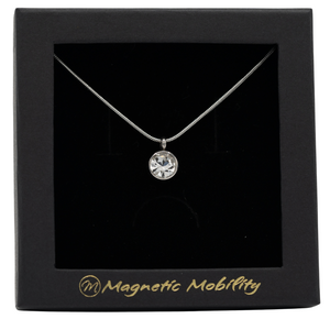 
                  
                    Load image into Gallery viewer, April Magnetic Mobility Birthstone Necklace showcasing a clear Swarovski crystal pendant with a magnetic back. Provides neck pain relief, elegantly boxed with Magnetic Mobility branding.
                  
                