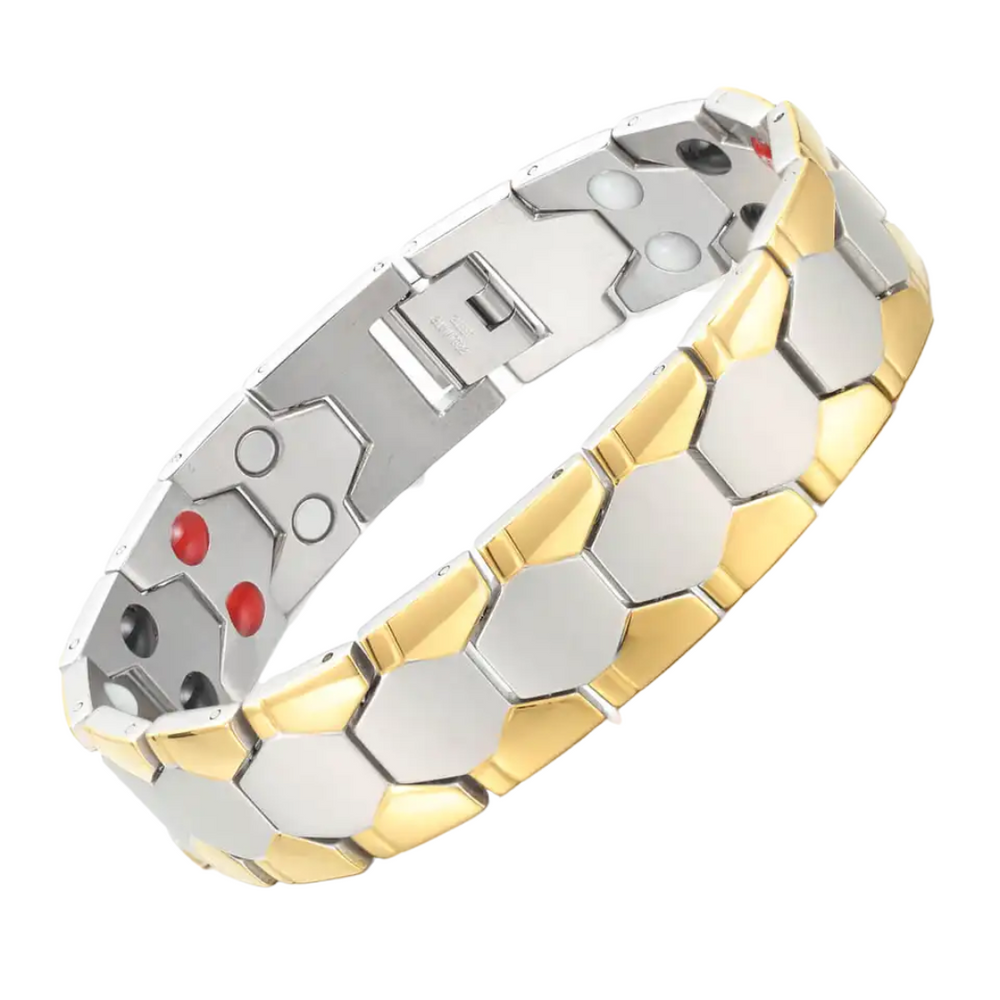 Aster Moon Double strength 4in1 magnetic bracelet by Magnetic Mobility, promoting arthritis, back pain, fibromyalgia relief with a stylish black design. The bracelet features a double row of health elements.