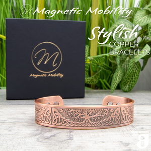 
                  
                    Load image into Gallery viewer, Stylish Buckthorn copper magnetic bracelet from Magnetic Mobility, showcasing an elegant Celtic pattern. Perfect for relieving arthritis, back pain, fibromyalgia, and other muscle-related ailments.
                  
                