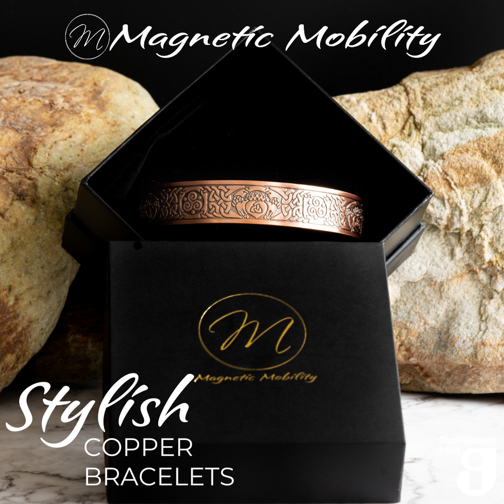 
                  
                    Load image into Gallery viewer, Stylish copper magnetic bracelet from Magnetic Mobility, featuring intricate Claddagh design and guaranteed Irish quality. The copper bracelet is presented in a Black Gift Box with the Magnetic Mobility Logo on the front. 
                  
                