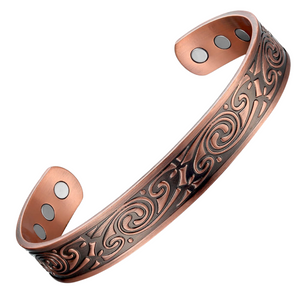 
                  
                    Load image into Gallery viewer, Feverfew Copper bracelet from Magnetic Mobility. A copper bracelet with a Celtic design. Featuring 6 strong neodymium magnets. Perfect for people with arthritis and back pain. 99% pure copper. 
                  
                