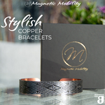 Stylish copper magnetic bracelet from Magnetic Mobility, featuring intricate geometric design and guaranteed Irish quality. The copper bracelet is presented in a Black Gift Box with the Magnetic Mobility Logo on the front.