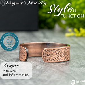 
                  
                    Load image into Gallery viewer, Back view of the Hawthorn copper ring from Magnetic Mobility. Shown on a white gift box with green plants in the background. The writing says &amp;quot;Style and Function&amp;quot; and shows a Guaranteed irish logo. 
                  
                