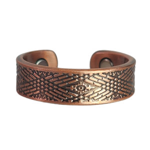 
                  
                    Load image into Gallery viewer, Hawthorn copper ring by Magnetic Mobility featuring an intricate geometirc design. This adjustable ring is designed to be easily worn on arthritic fingers, providing both style and functionality.
                  
                