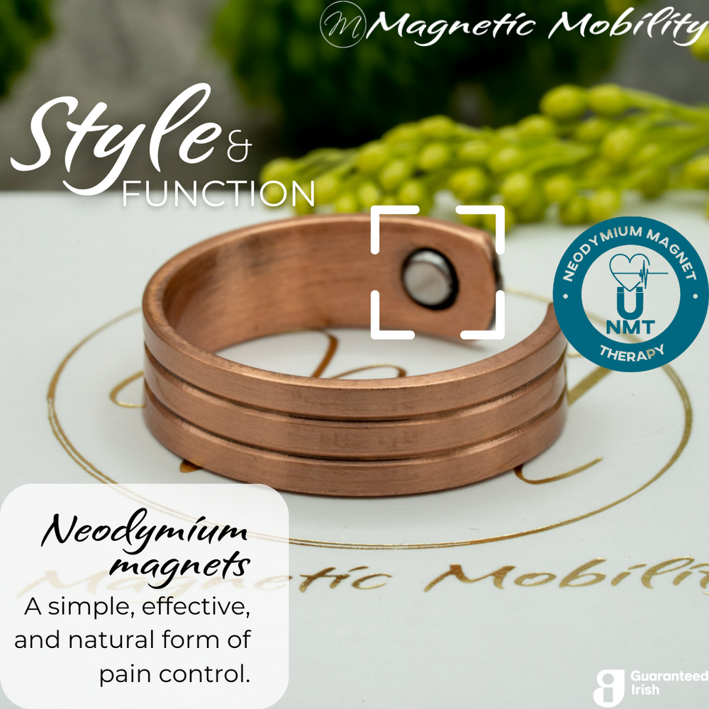 
                  
                    Load image into Gallery viewer, Close up of the Neodymium magnets on the Heath copper ring from Magnetic Mobility - the open backed ring features NTM or Neodymium magnet therapy for arthritis. 
                  
                