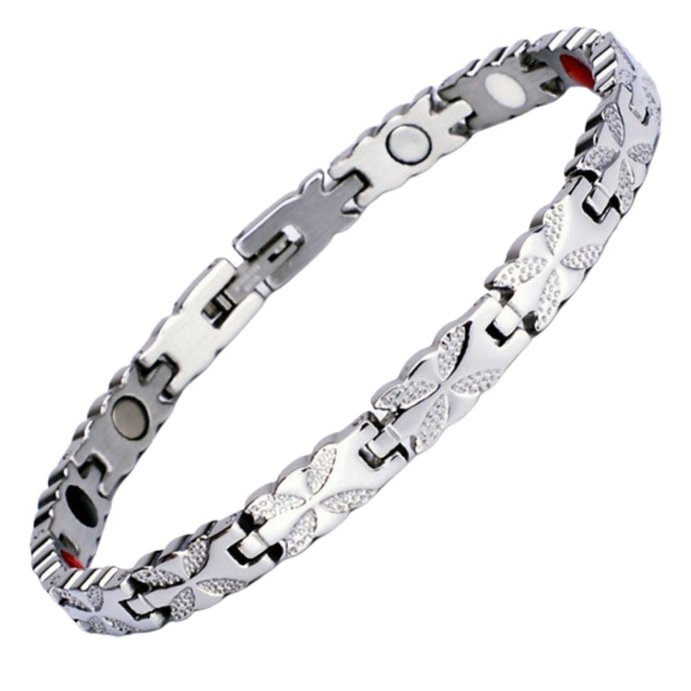 Meadowsweet Star 4in1 magnetic bracelet by Magnetic Mobility, promoting arthritis, back pain, fibromyalgia relief with a simple black design. The bracelet features 4in1 health elements. A silver coloured stainless steel magnetic bracelet with a delicate butterfly design