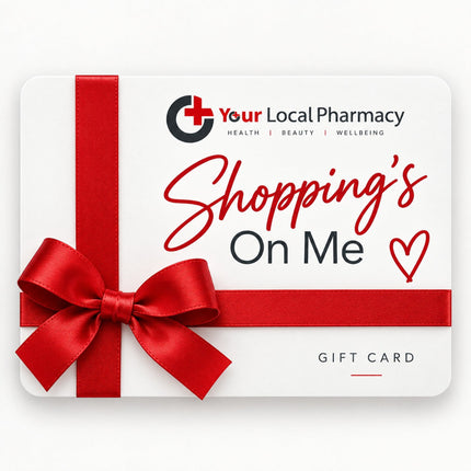 Your Local Pharmacy Shopping’s On Me gift card with red ribbon