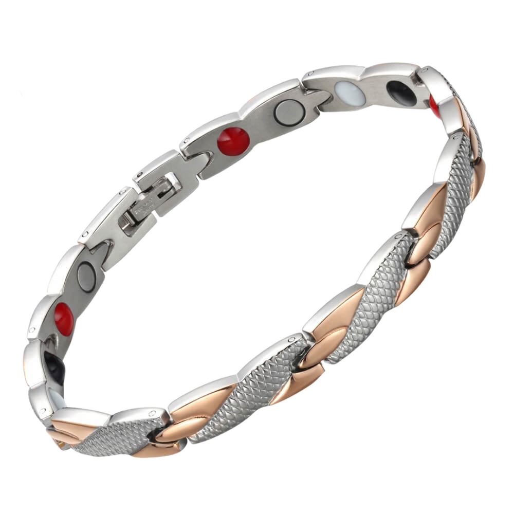 Snapdragon Dusk 4in1 magnetic bracelet by Magnetic Mobility, highlighting the negative ions feature which supports the body's ability to relax and sleep. Ideal for reducing stress and promoting better health.