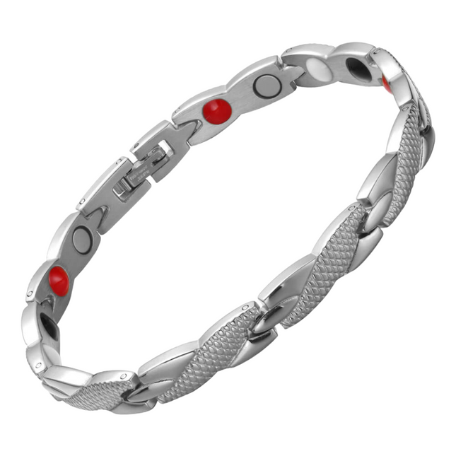 Snapdragon Star 4in1 magnetic bracelet by Magnetic Mobility, promoting arthritis, back pain, fibromyalgia relief with a silver snakeskin type design. The bracelet features 4in1 health elements.