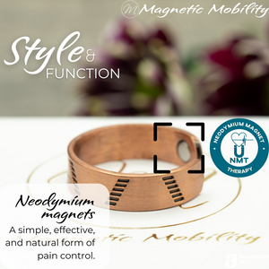 
                  
                    Load image into Gallery viewer, Close up of the Neodymium magnets on the Soloman copper ring from Magnetic Mobility - the open backed ring features NTM or Neodymium magnet therapy for arthritis. 
                  
                