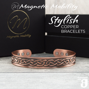 
                  
                    Load image into Gallery viewer, Front view of the Trefoil Copper bracelet from Magnetic Mobility. A copper bracelet with a Celtic design. Featuring 6 strong neodymium magnets. Perfect for people with arthritis and back pain. 99% pure copper. the image shows the bracelet in front of a black gift box
                  
                